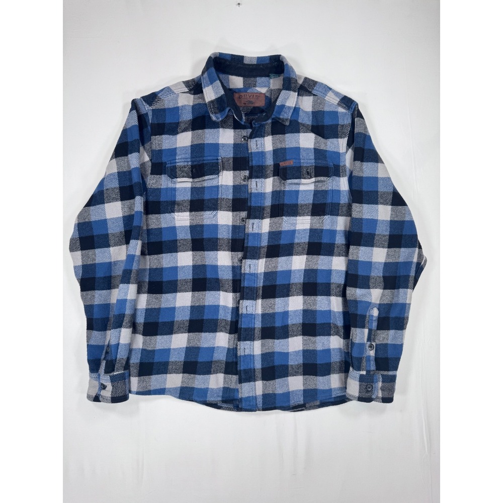 Orvis Flannel Shirt Blue White Plaid Button Down L Outdoor Lumberjack Cabincore